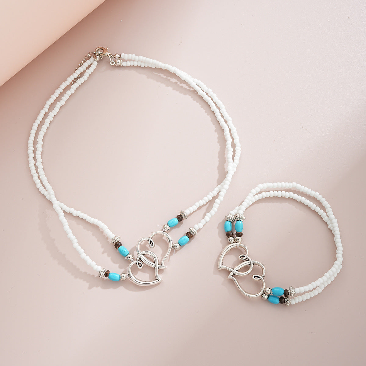 Bohemian Rice Bead Heart Bracelet Necklace Set