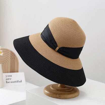 French Vintage Black-White Straw Hat Women Spring Summer Travel Wide Brim UV