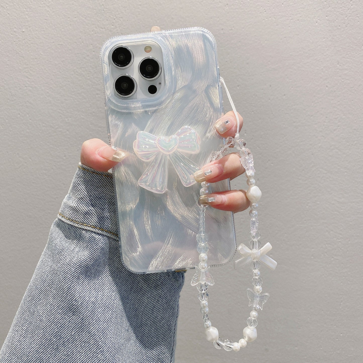 Silver Feather Case iPhone16 Pro 14 13 Bow Chain Laser PC Cover