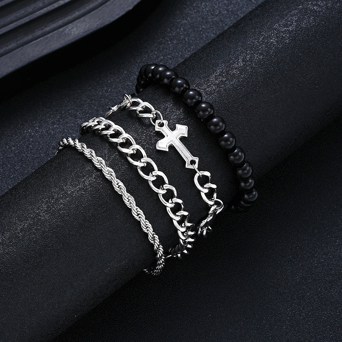 Men's Stainless Steel Beaded Cross Bracelet Set