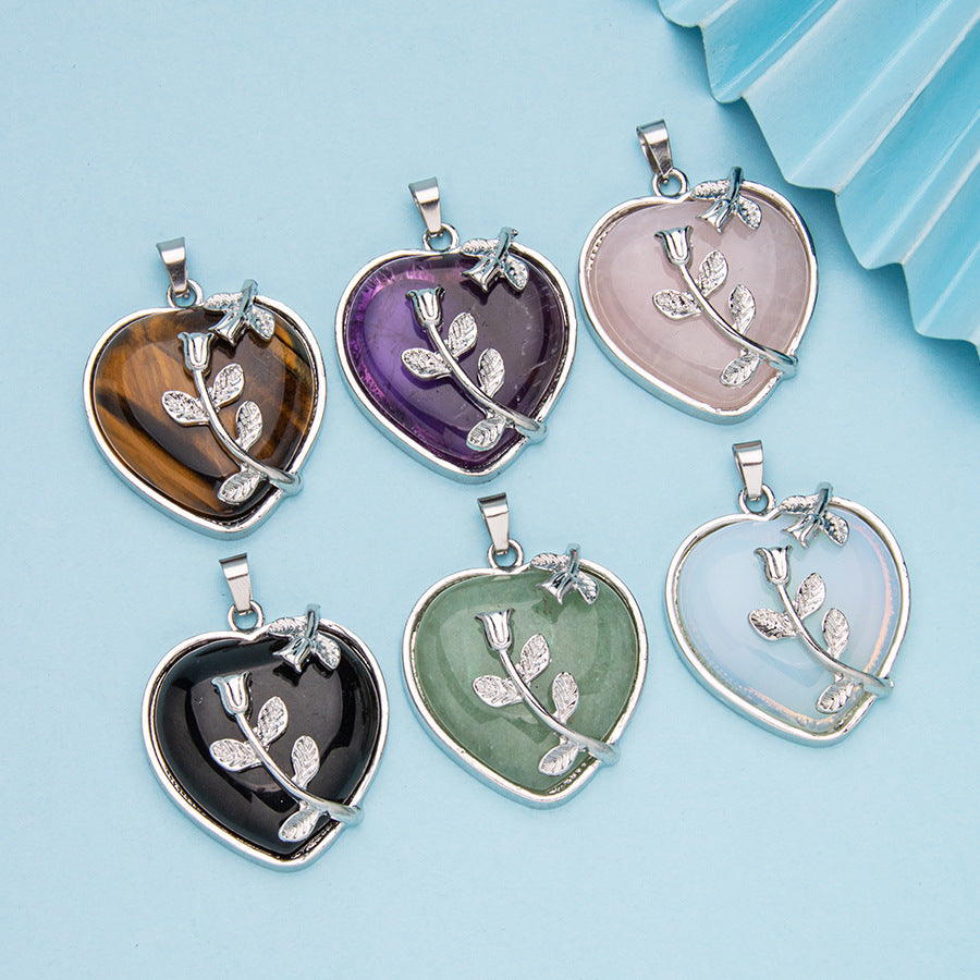 Colar de cristal ametista com pingente de rosa em formato de coração 