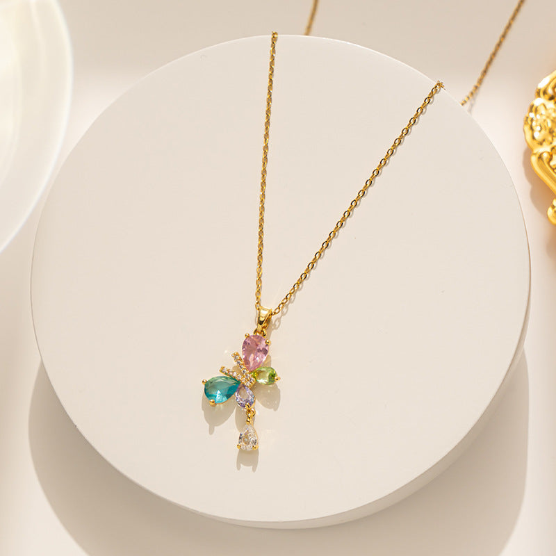 Elegant Butterfly Necklace with Colorful Zirconia