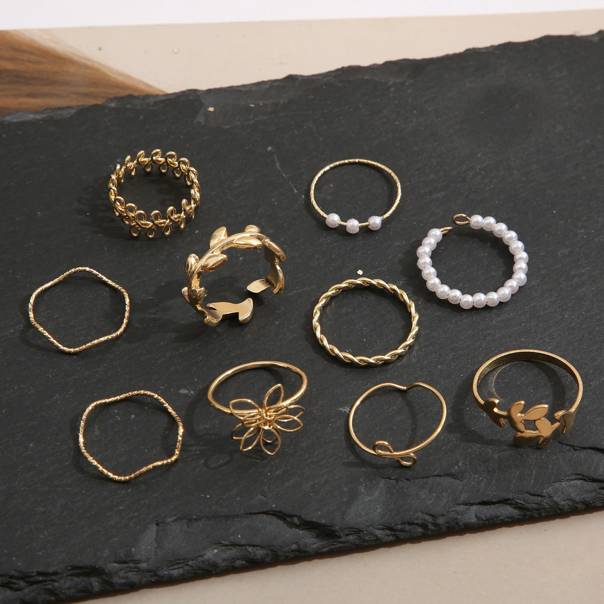 Leaf & Pearl Ring Set (10-Piece)