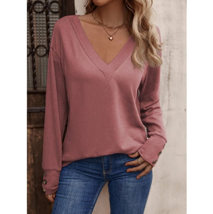 V-neck loose long-sleeved T-shirt