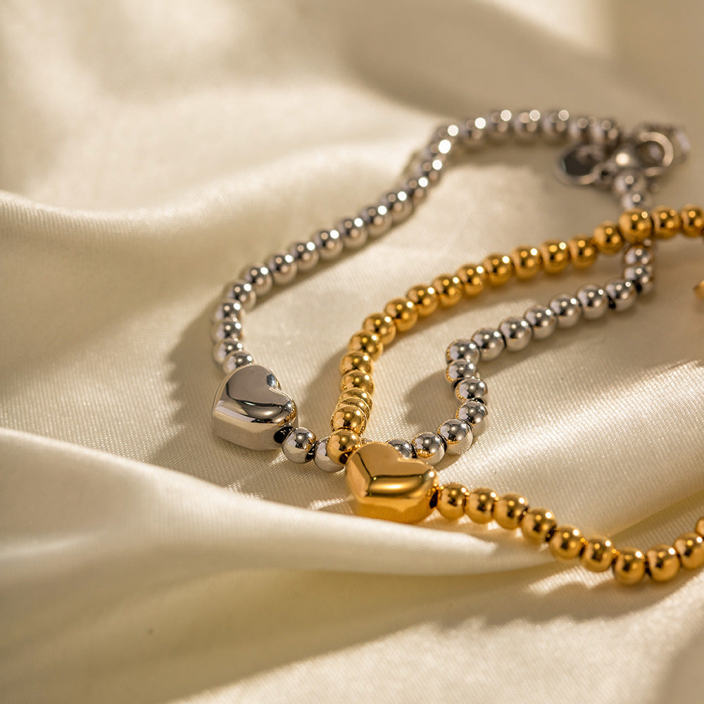 Stainless steel round bead heart bracelet