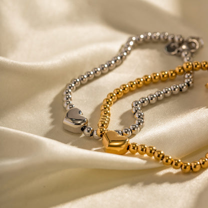 Stainless steel round bead heart bracelet
