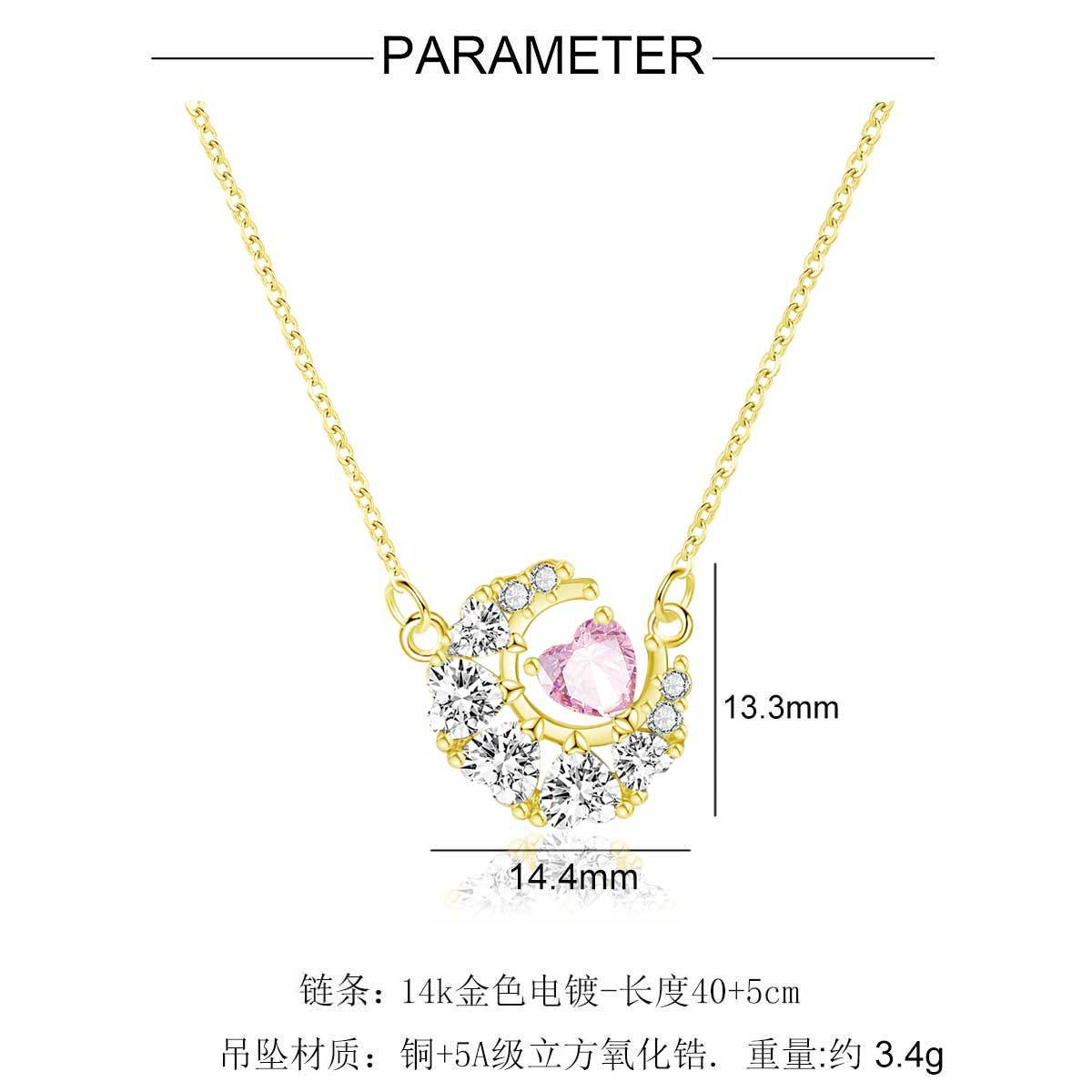 14k gold heart moon necklace women's copper inlaid with 5A zircon