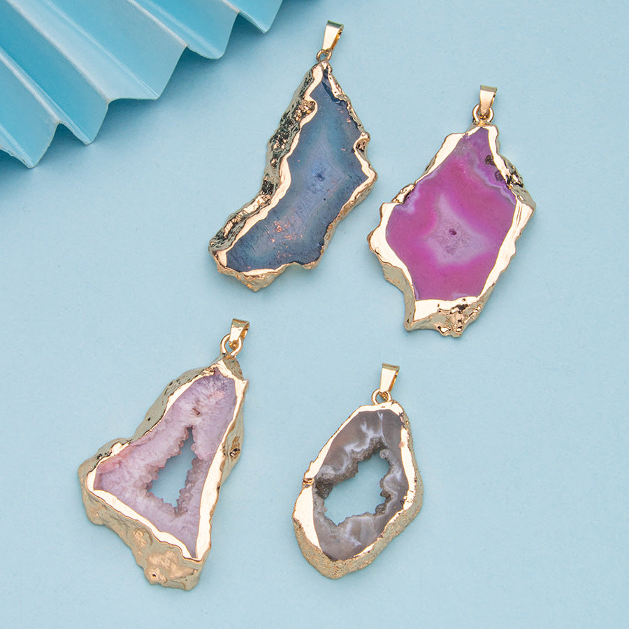 Crystal agate geode electroplated gold edge pendant