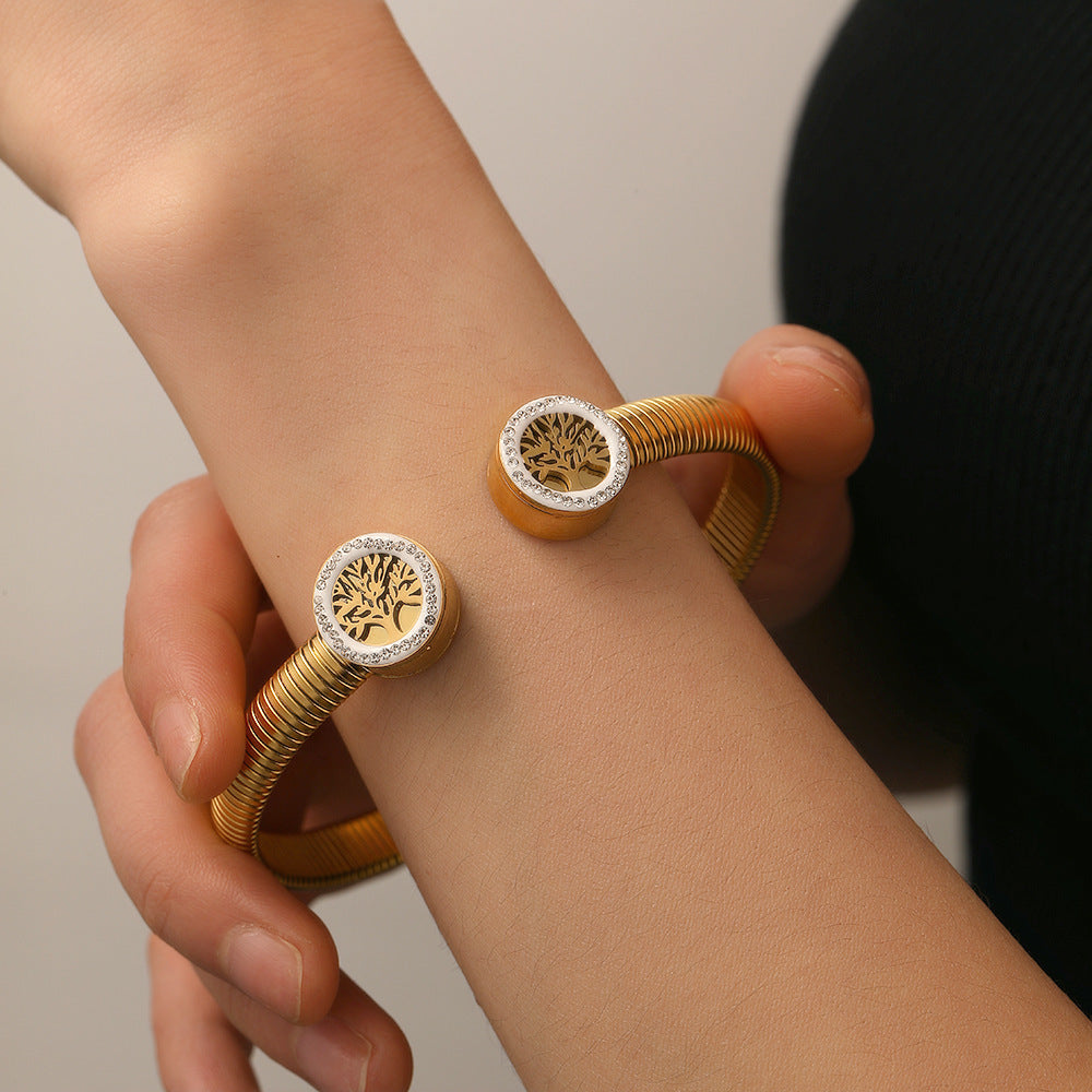 Titanium Steel 18K Gold-Plated Fortune Tree Diamond Hinged Bracelet