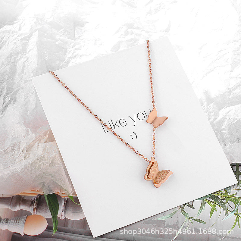Women's Rose Gold Frosted Double Butterfly Titanium Steel Collarbone Necklace
