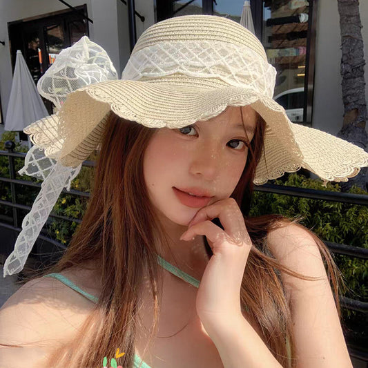 Wavy Edge Lace Bow Sun Hat