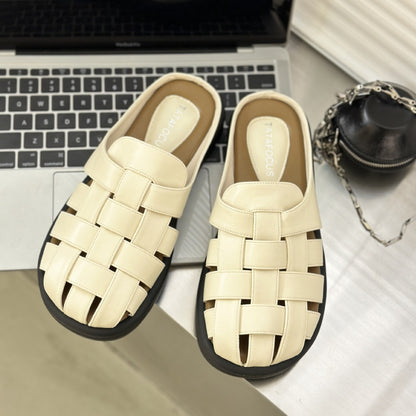 Soft leather half slippers women's new retro weaving