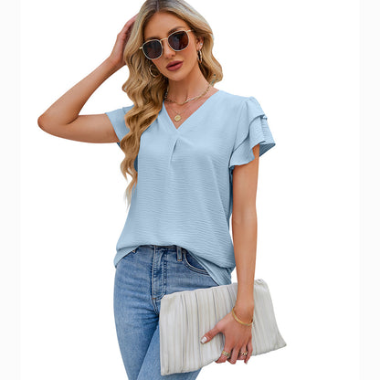 V-neck chiffon ruffle shirt short sleeve