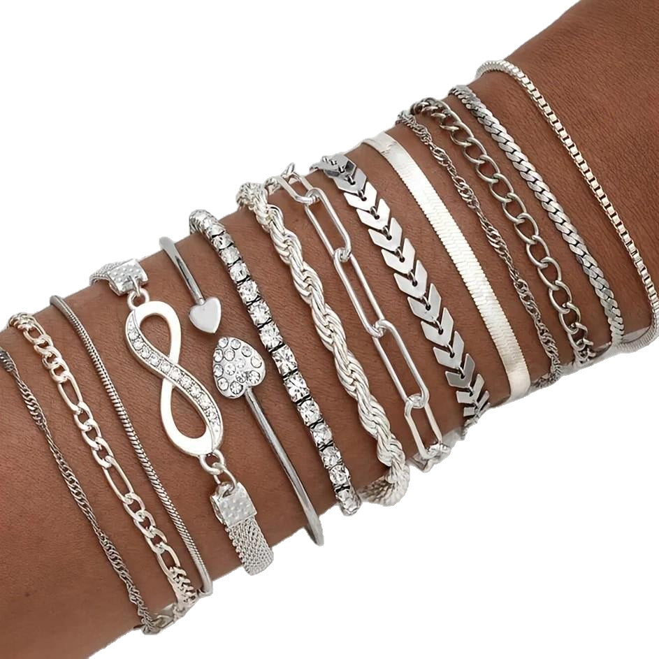 14-Piece Diamond Love & Snake Chain Bracelet Set