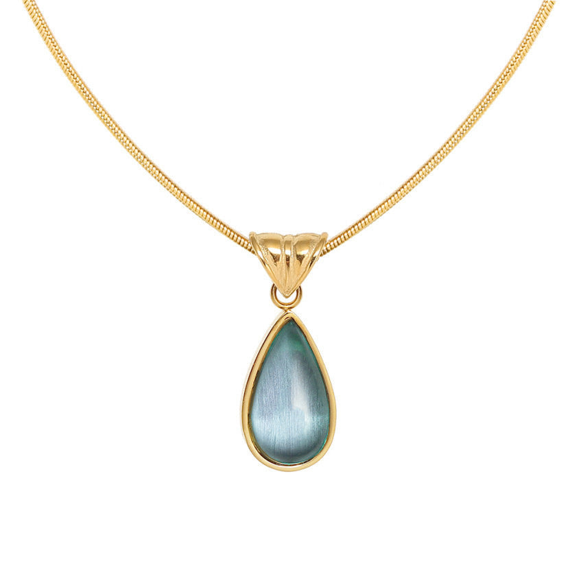 Women's Gold-Plated Titanium Steel Blue-Green Teardrop Pendant Snake Chain Necklace