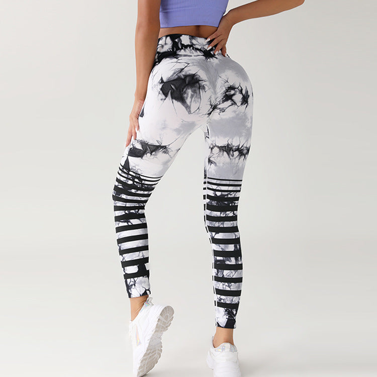 Euro Trendy Pantalones de yoga con levantamiento de glúteos y cintura alta sin costuras con efecto tie-dye 