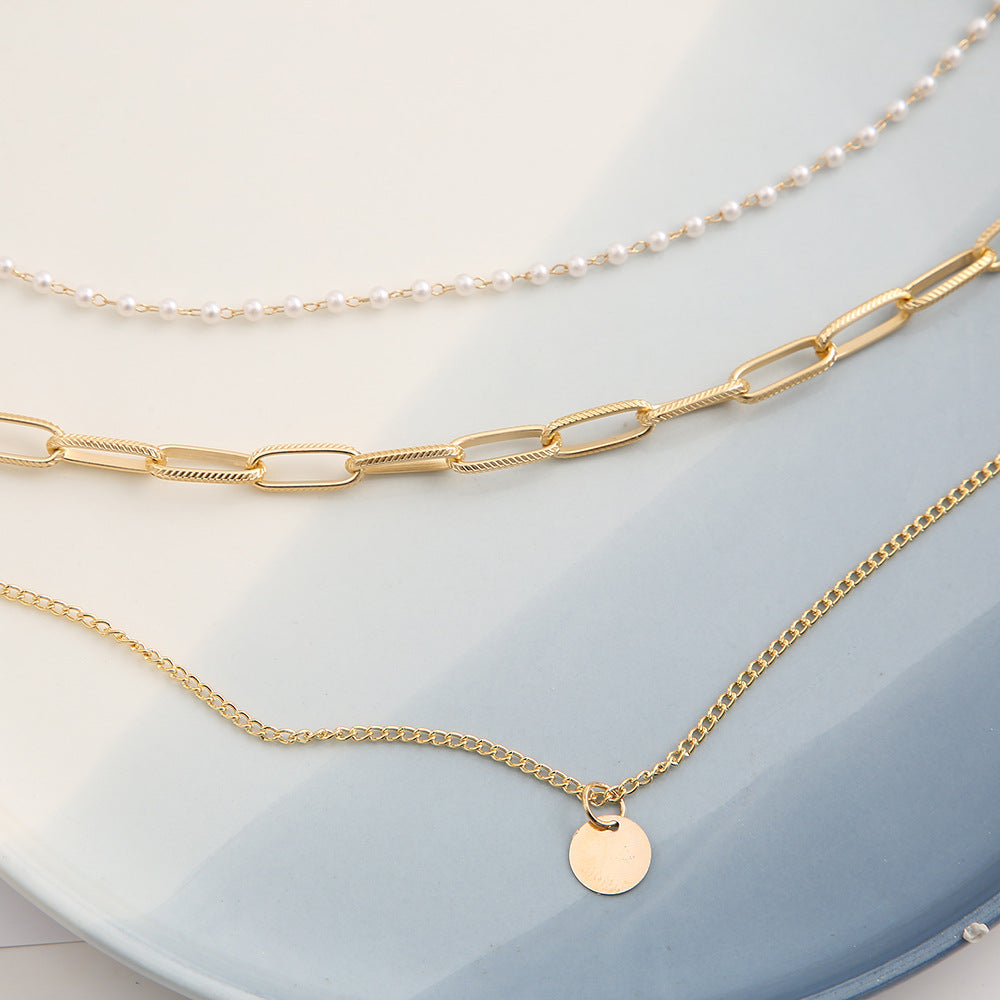 Chain disc pendant multi-layer pearl necklace