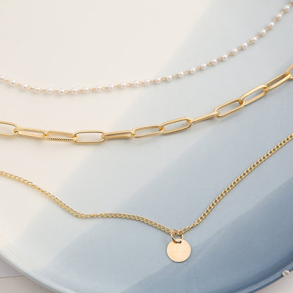 Chain disc pendant multi-layer pearl necklace