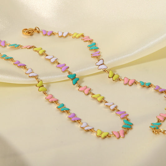 Colorful Enamel Butterfly Bracelet Necklace Set