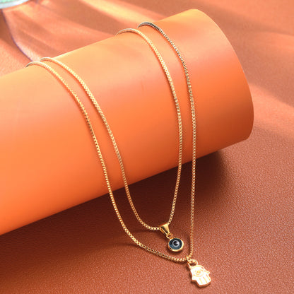 Evil Eye Palm Necklace Gold 2-Piece Set