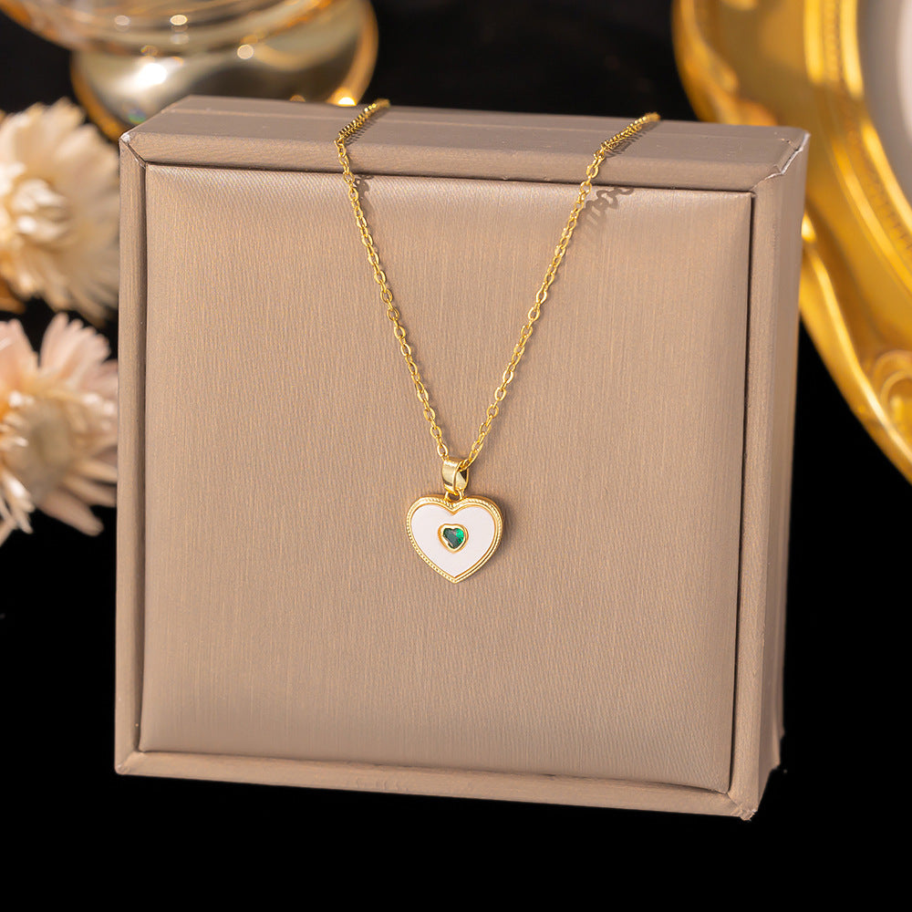 Women's Titanium-Steel Shell Pendant Collarbone Necklace with Green Gem Inlay