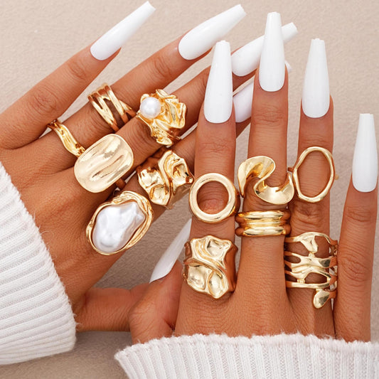 12-Piece Gold-Plated Pearl Ring Set