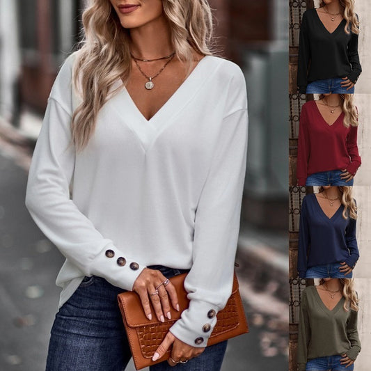 V-neck loose long-sleeved T-shirt