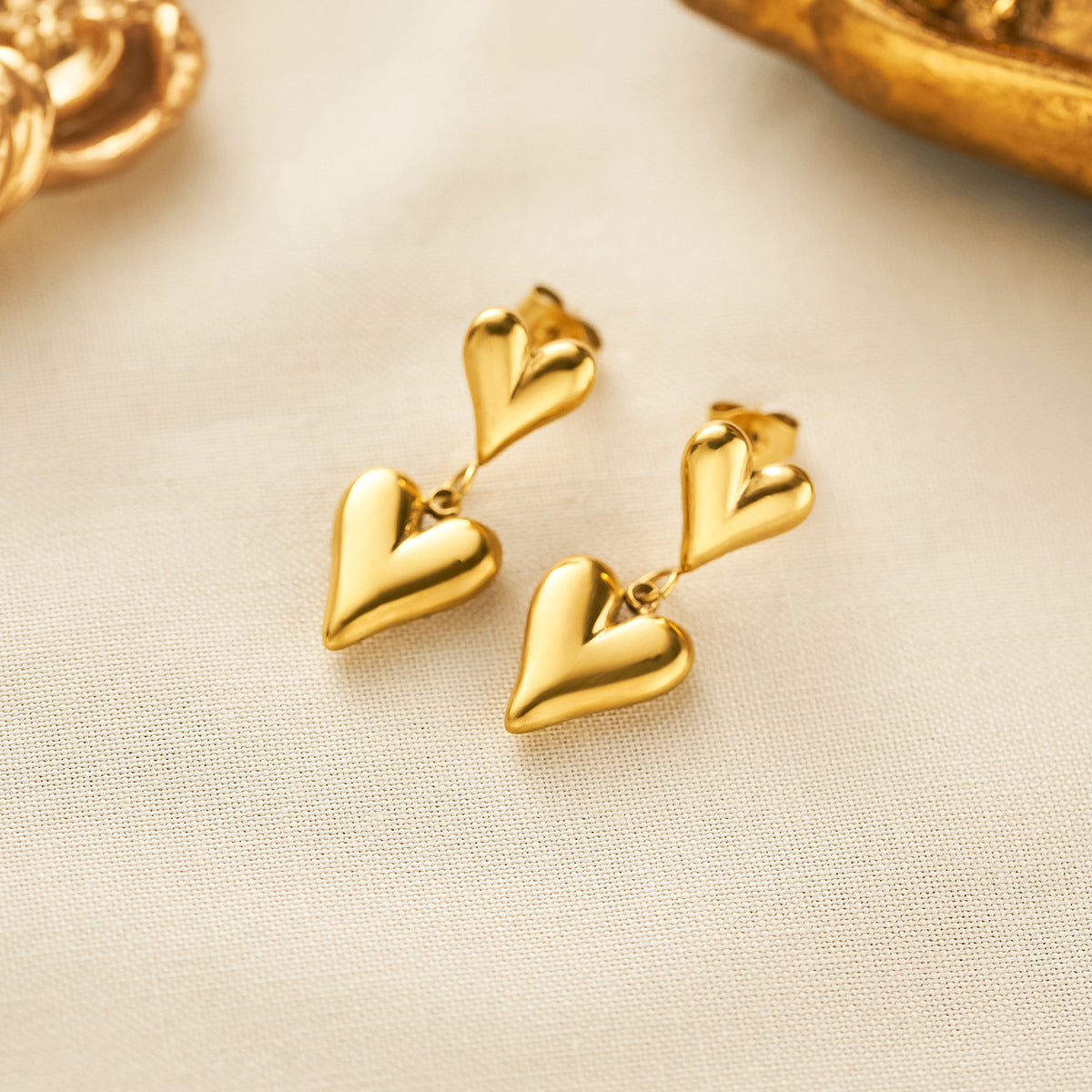 Women's Titanium Steel Double-Love Stud Earrings — 18K Gold-Plated, Non-Fading