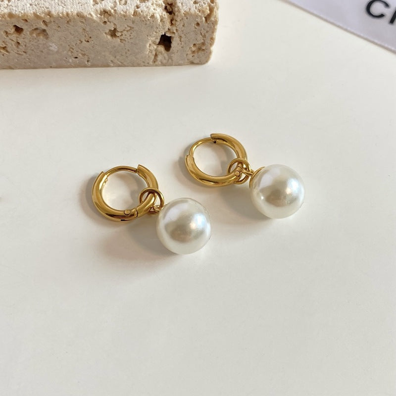 French Retro Pearl Pendant Earrings — 18K Gold-Plated Titanium Steel
