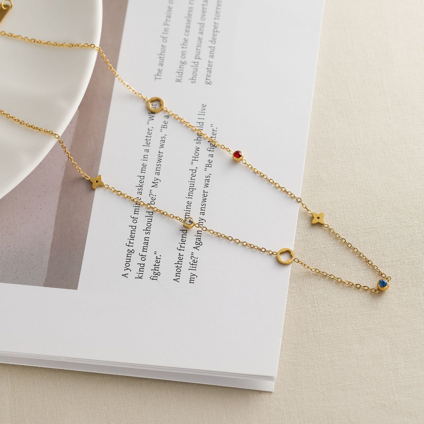 Women's 18K Gold-Plated Titanium Steel Four-Leaf Flower Necklace with Colored Stones