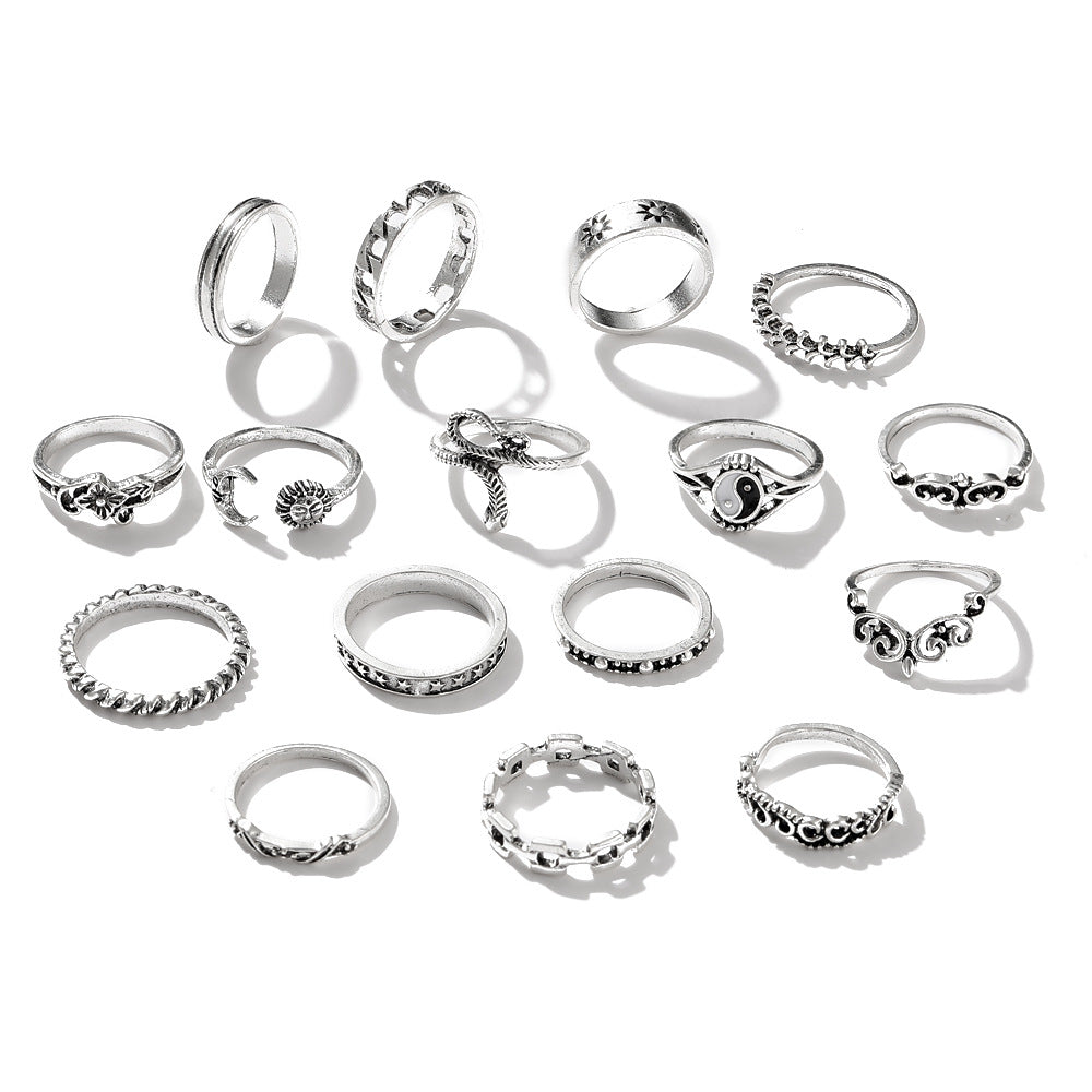 15-Piece Retro Tai Chi & Snake Ring Set