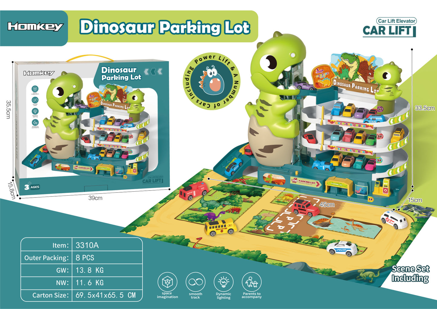 Dinosaur Mountain Track Car Adventure Aparcamiento Juguete para niños de 3 a 4 años 