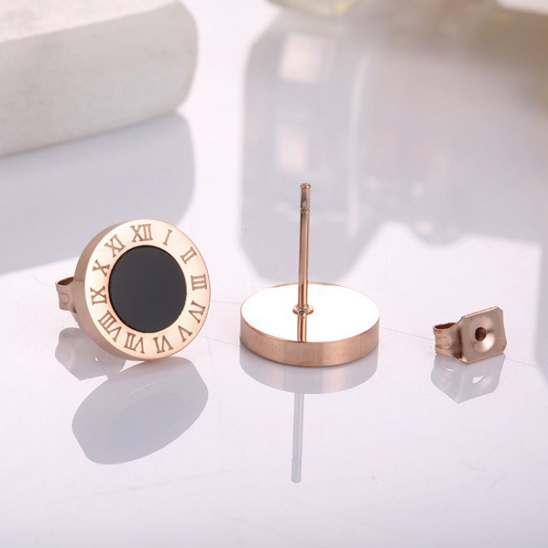 Round Black Roman Titanium Steel Stud Earrings