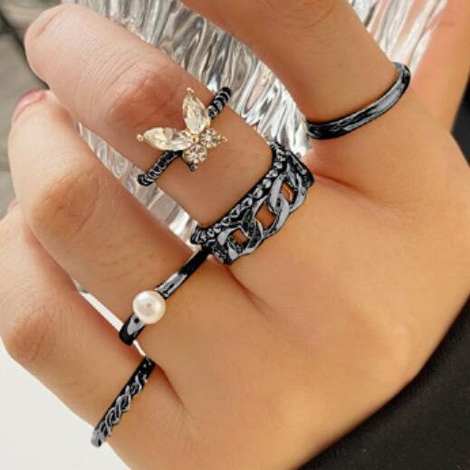 5-Piece Rhinestone Butterfly Ring Set