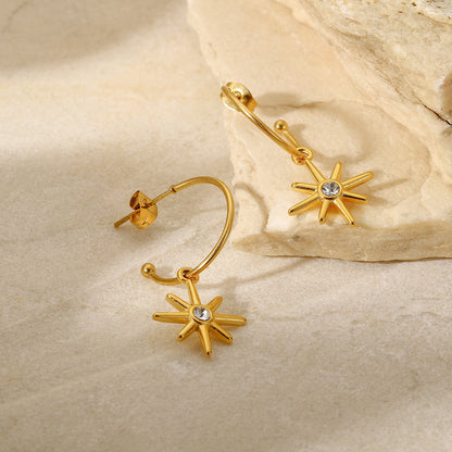 Gold C-shaped six-pointed star pendant earrings