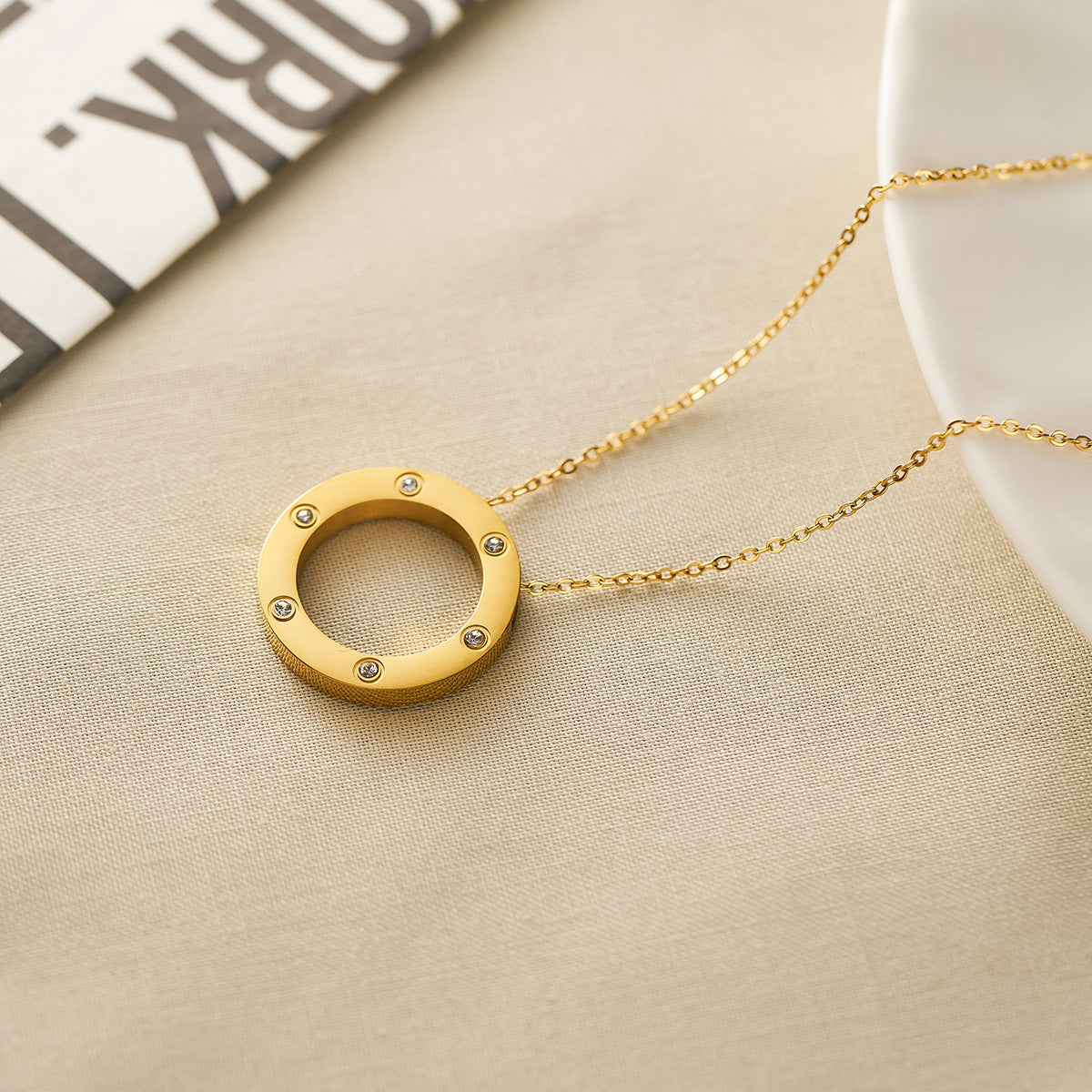 Titanium Steel Statement Ring Pendant Necklace — 18K Gold-Plated, Diamond Finish, Non-Fading