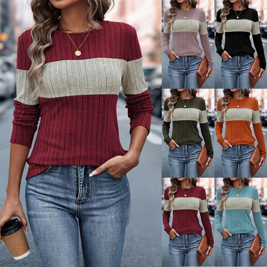 Contrasting splicing crew neck long-sleeved top