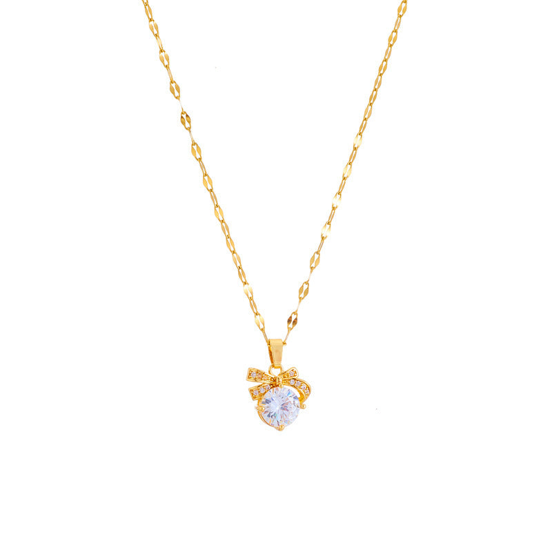 Gold-Plated Titanium Steel Bow Rhinestone Collarbone Necklace