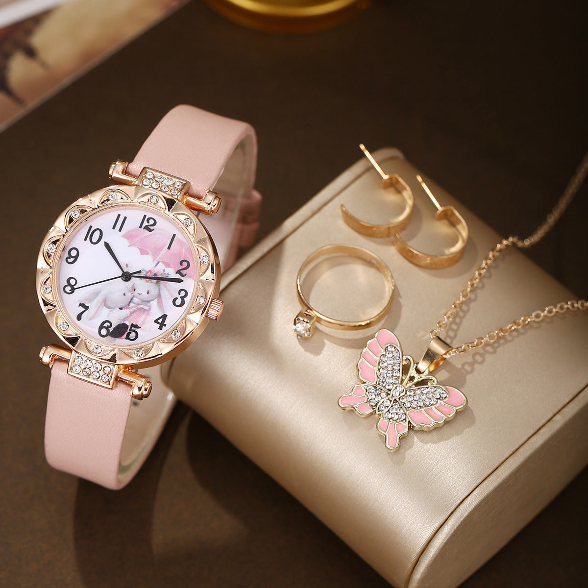 Cartoon Watch Pearl Butterfly Pendant Jewelry Set