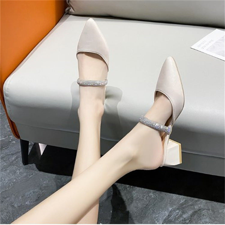 Thick Heel Pointed Shoes Fashion Rhinestones