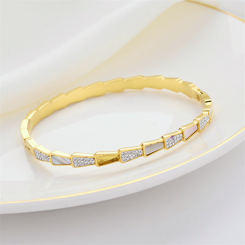 Snake Bone Shell Titanium Steel Bracelet with Micro Zircon Fan-Leaf Charm