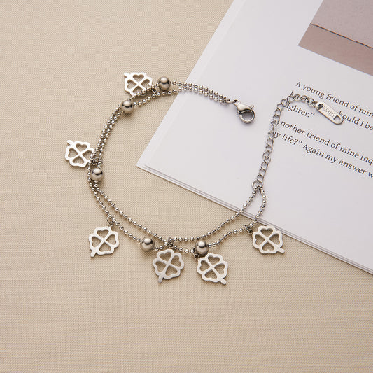 Korean Titanium Steel Double-Layer Hollow "Lucky Grass" Rice-Bead Bracelet — Waterproof