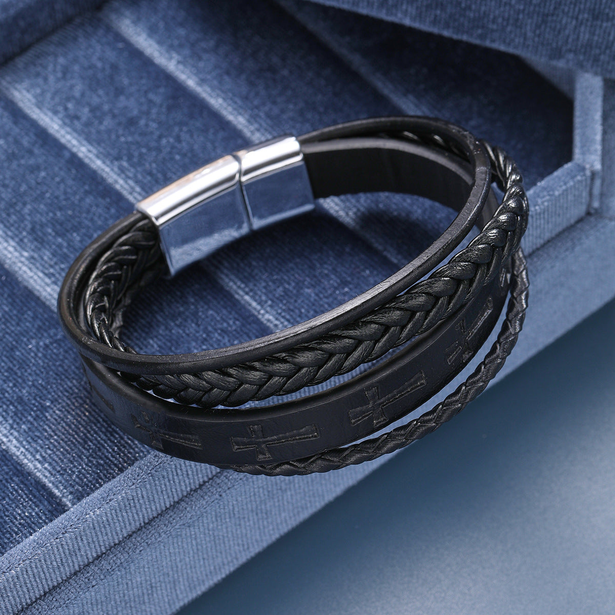 Cross leather bracelet with magnetic clasp