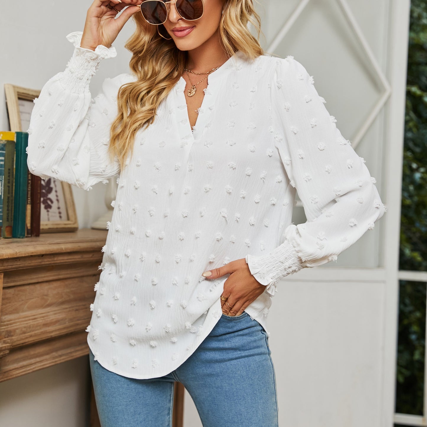 Polka Dot Long Sleeve Bubble Sleeve V-Neck Shirt