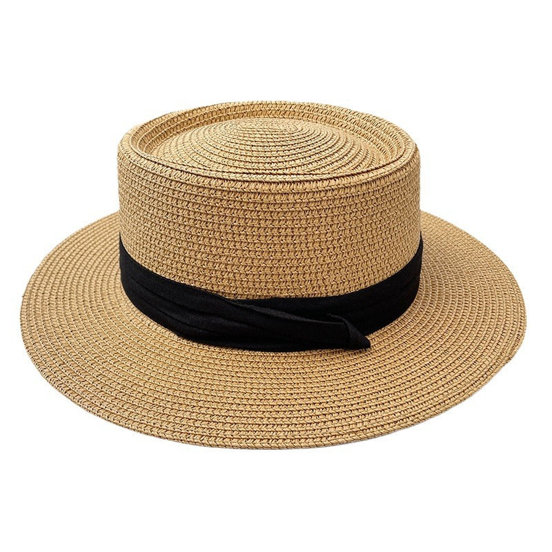 Flat-Top Straw Hat French-Style Summer Wide-Brim Sun Hat