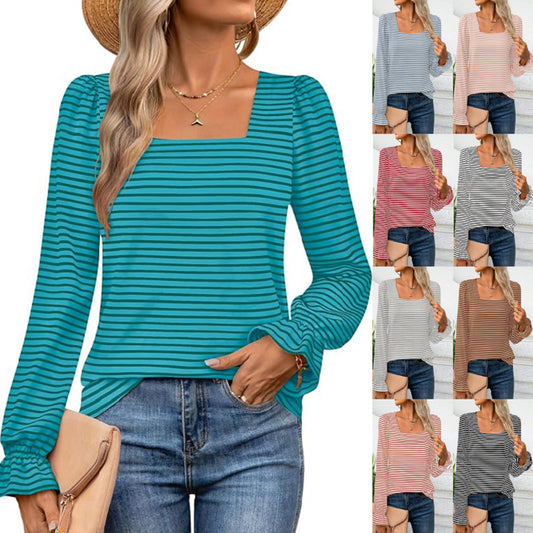 Striped ruffle edge long sleeve T-shirt