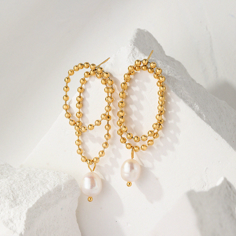 Women's Retro Pearl Titanium Steel Stud Earrings with K-Gold Bead Chain
