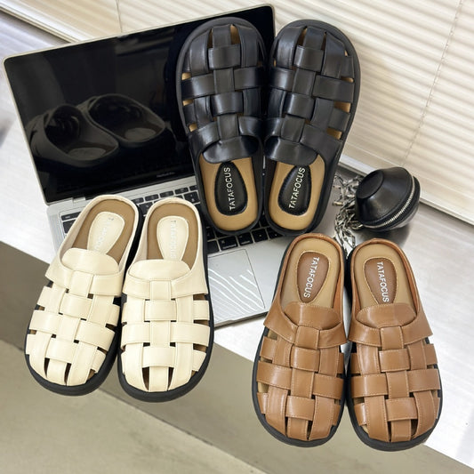 Soft leather half slippers women's new retro weaving