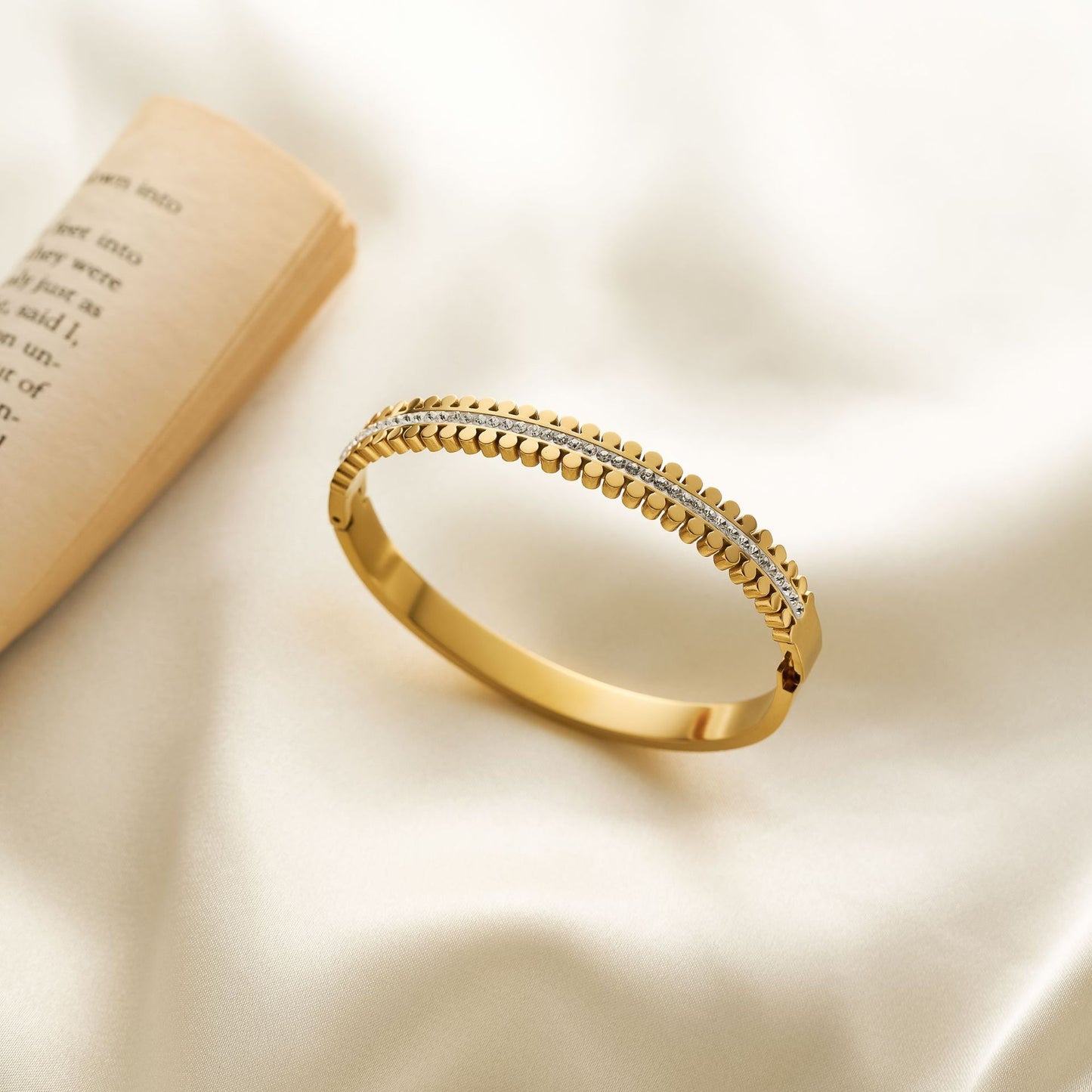 Women's Japanese-Korean Stainless Steel Bracelet with Round Studs & Central Rhinestone Row