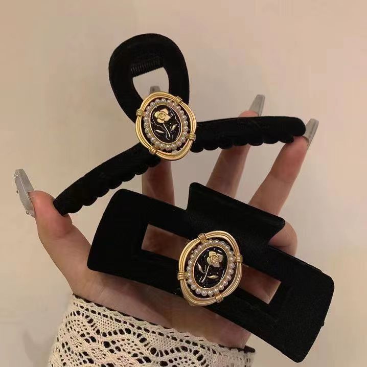 Gold Black Velvet Rose Bow Hairpin